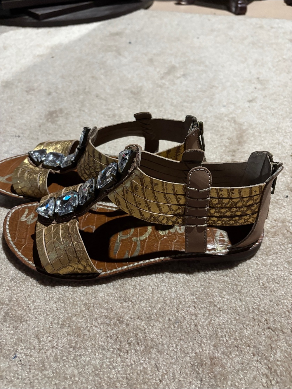 Sam Edelman Gold Croc-Effect Jeweled T-Strap Sandals - Picture 3 of 6